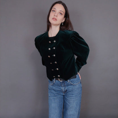 VIN-OUTW-33264 Vintage σακάκι βελουτέ κυπαρισσί M