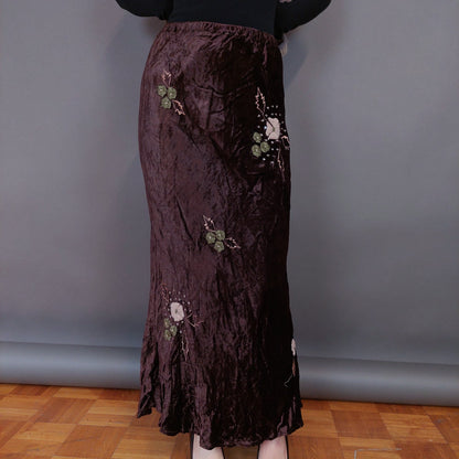 VIN-SKI-33274 Vintage βελουτέ φούστα καφέ με κεντημένα λουλούδια M