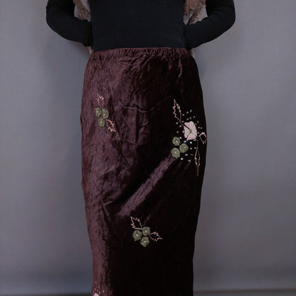 VIN-SKI-33274 Vintage βελουτέ φούστα καφέ με κεντημένα λουλούδια M