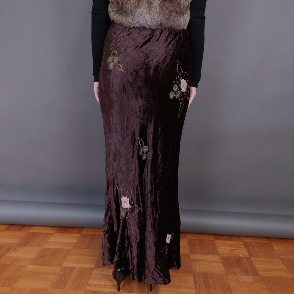 VIN-SKI-33274 Vintage βελουτέ φούστα καφέ με κεντημένα λουλούδια M