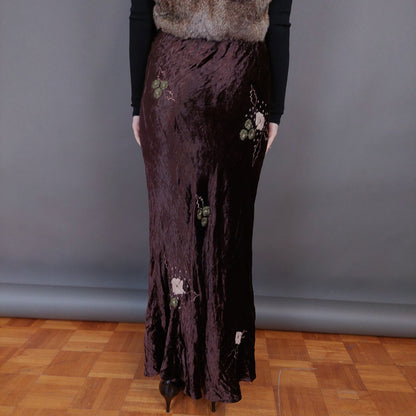 VIN-SKI-33274 Vintage βελουτέ φούστα καφέ με κεντημένα λουλούδια M