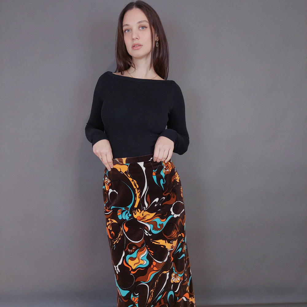 VIN-SKI-33275 Vintage βελουτέ φούστα εμπριμέ S