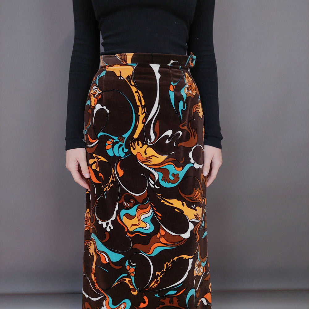 VIN-SKI-33275 Vintage βελουτέ φούστα εμπριμέ S