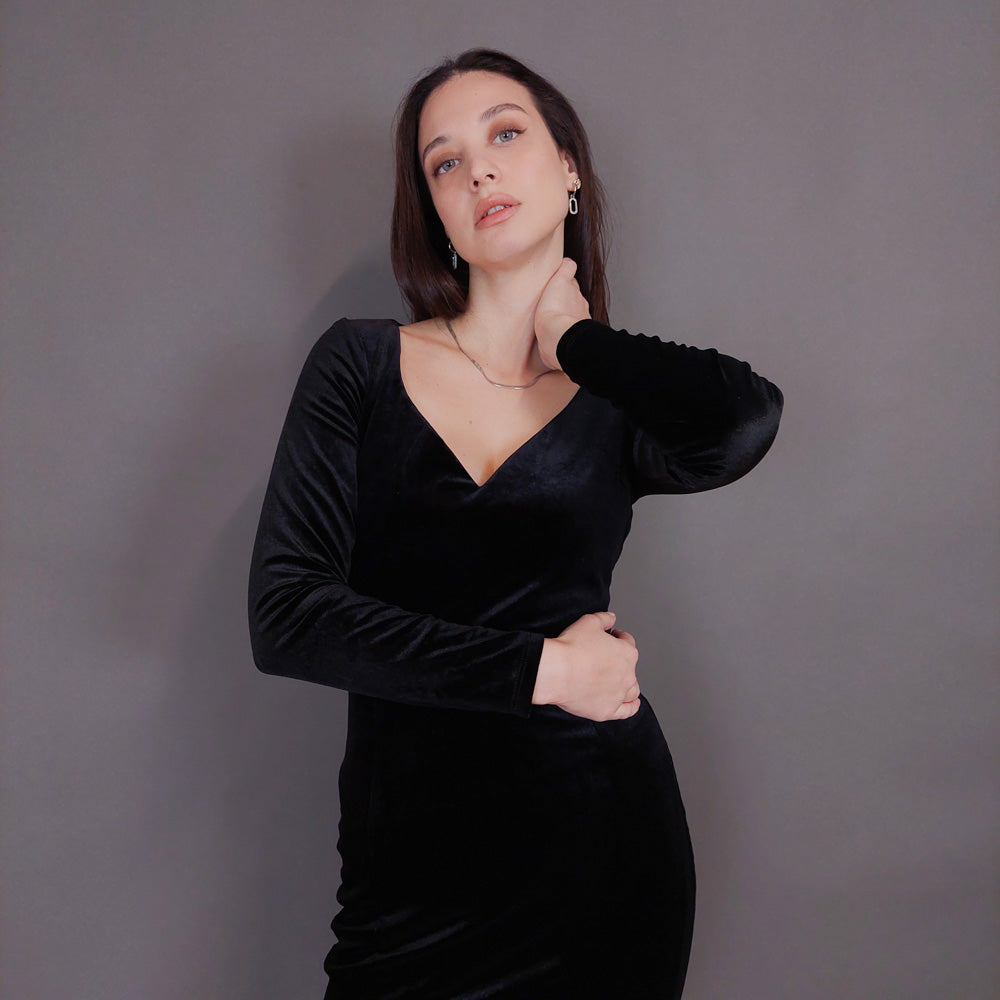 VIN-DR-32959 Vintage φόρεμα μάξι βελουτέ μαύρο S-M