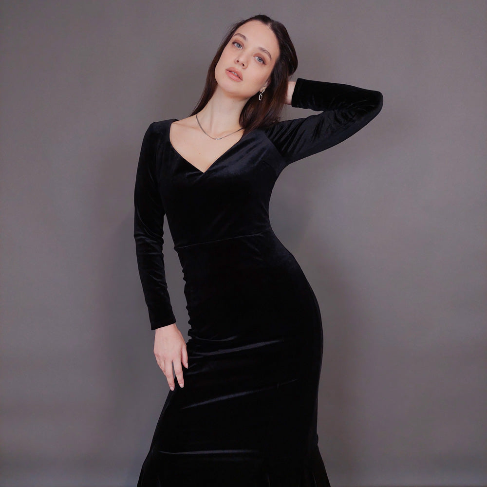 VIN-DR-32959 Vintage φόρεμα μάξι βελουτέ μαύρο S-M