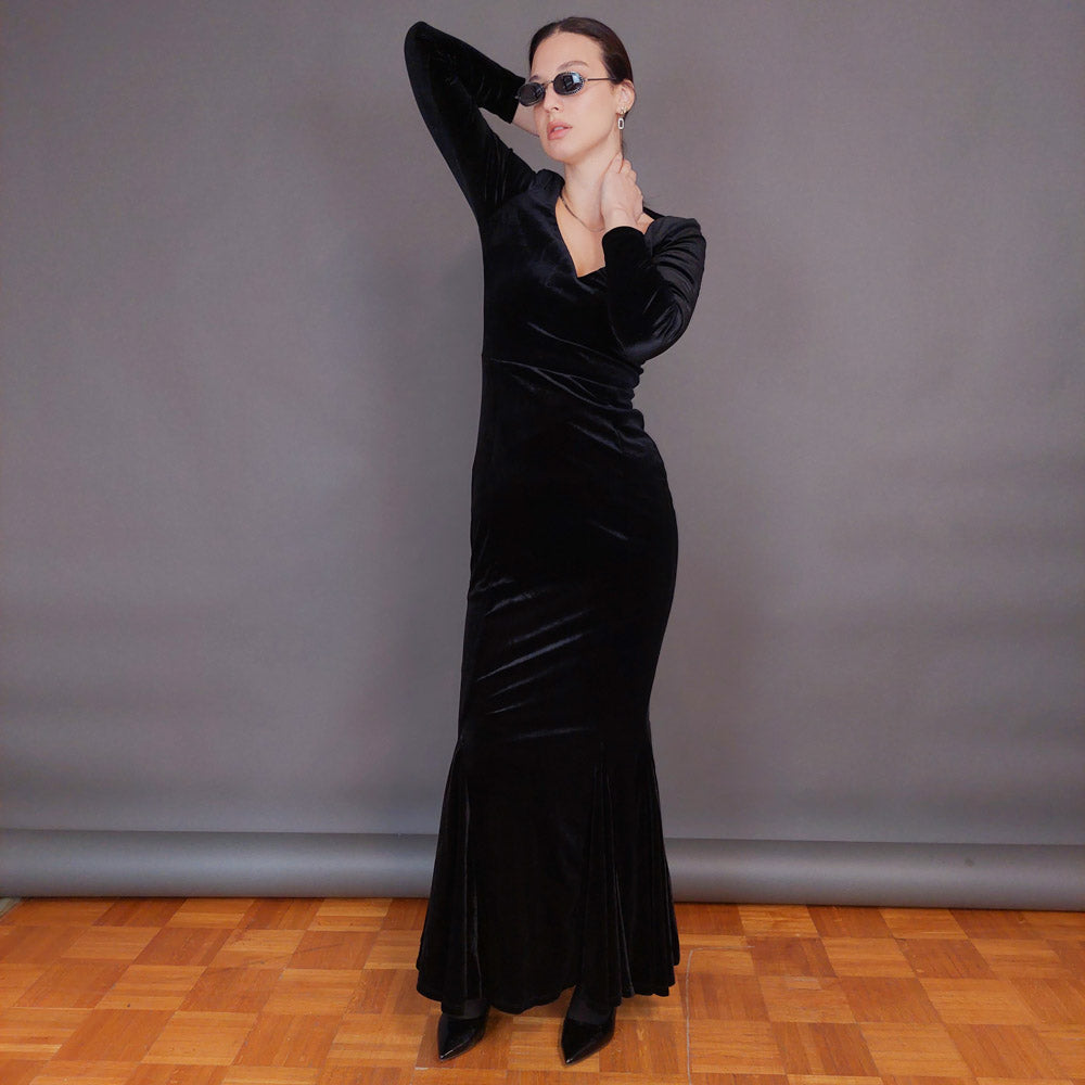 VIN-DR-32959 Vintage φόρεμα μάξι βελουτέ μαύρο S-M