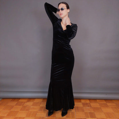 VIN-DR-32959 Vintage φόρεμα μάξι βελουτέ μαύρο S-M