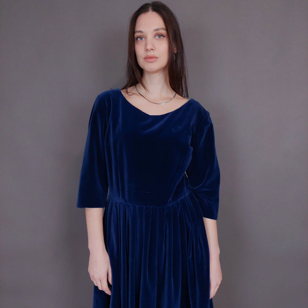 VIN-DR-32950 Vintage φόρεμα μπλε βελουτέ L-XL