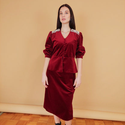 VIN-SKI-30014 Vintage βελουτέ φούστα μπορντό S-Μ