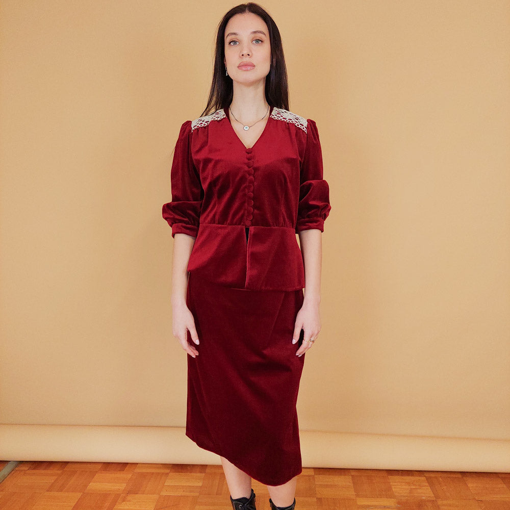 VIN-SKI-30014 Vintage βελουτέ φούστα μπορντό S-Μ