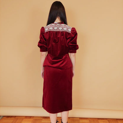 VIN-SKI-30014 Vintage βελουτέ φούστα μπορντό S-Μ