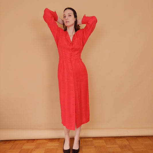 VIN-DR-34579 Vintage φόρεμα κόκκινο με κουμπιά S