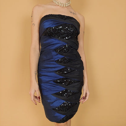 VIN-DR-25877 Vintage φόρεμα στράπλες μπλέ-μαύρο M