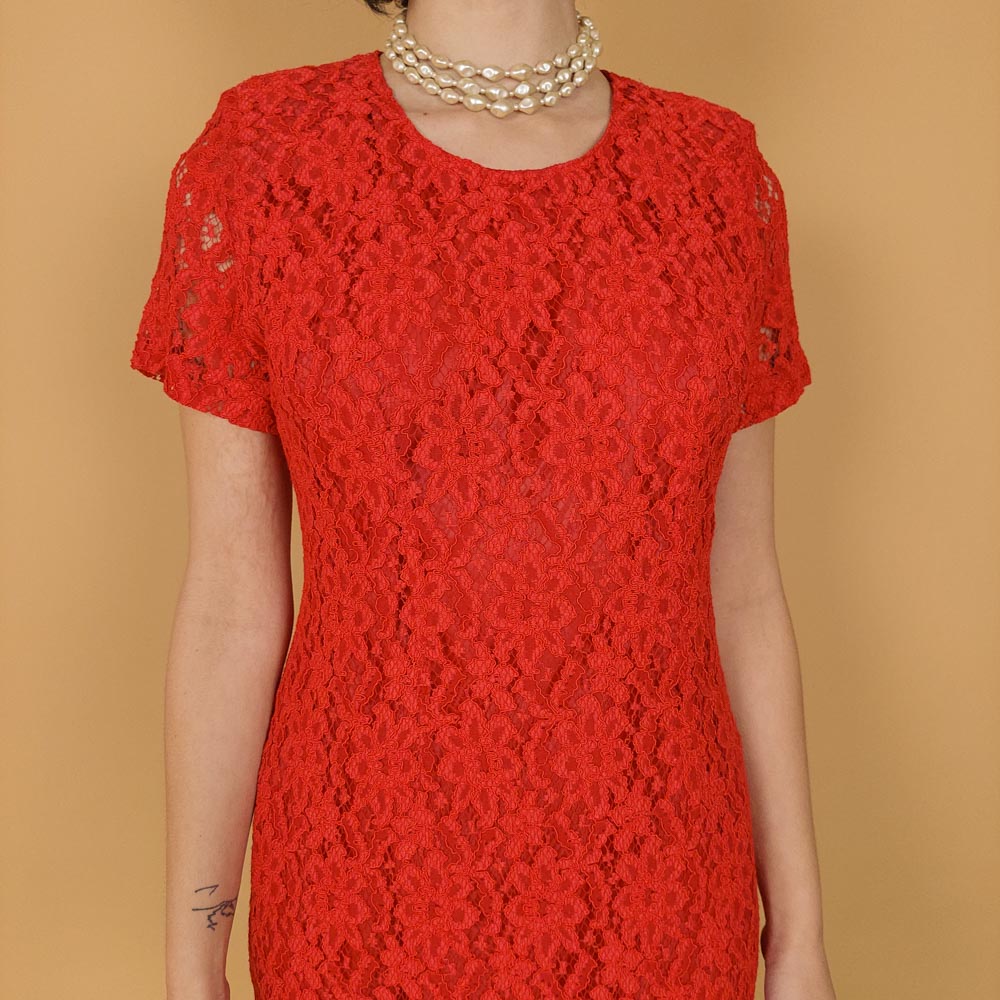 VIN-DR-25878 Vintage φόρεμα δαντέλα κόκκινο S
