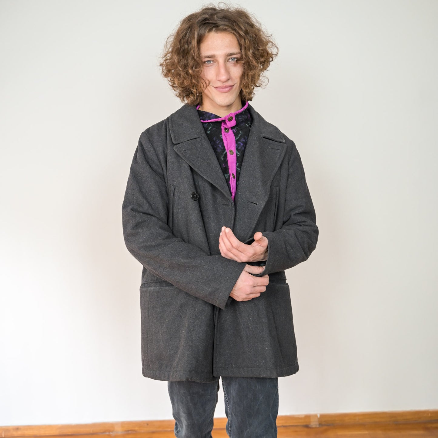 VIN-OUTW-20181 Vintage μάλλινo παλτό unisex γκρι XL
