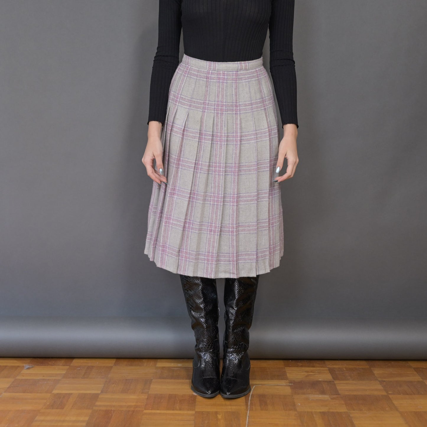 VIN-SKI-20649 Vintage φούστα καρο ροζ-γκρι S