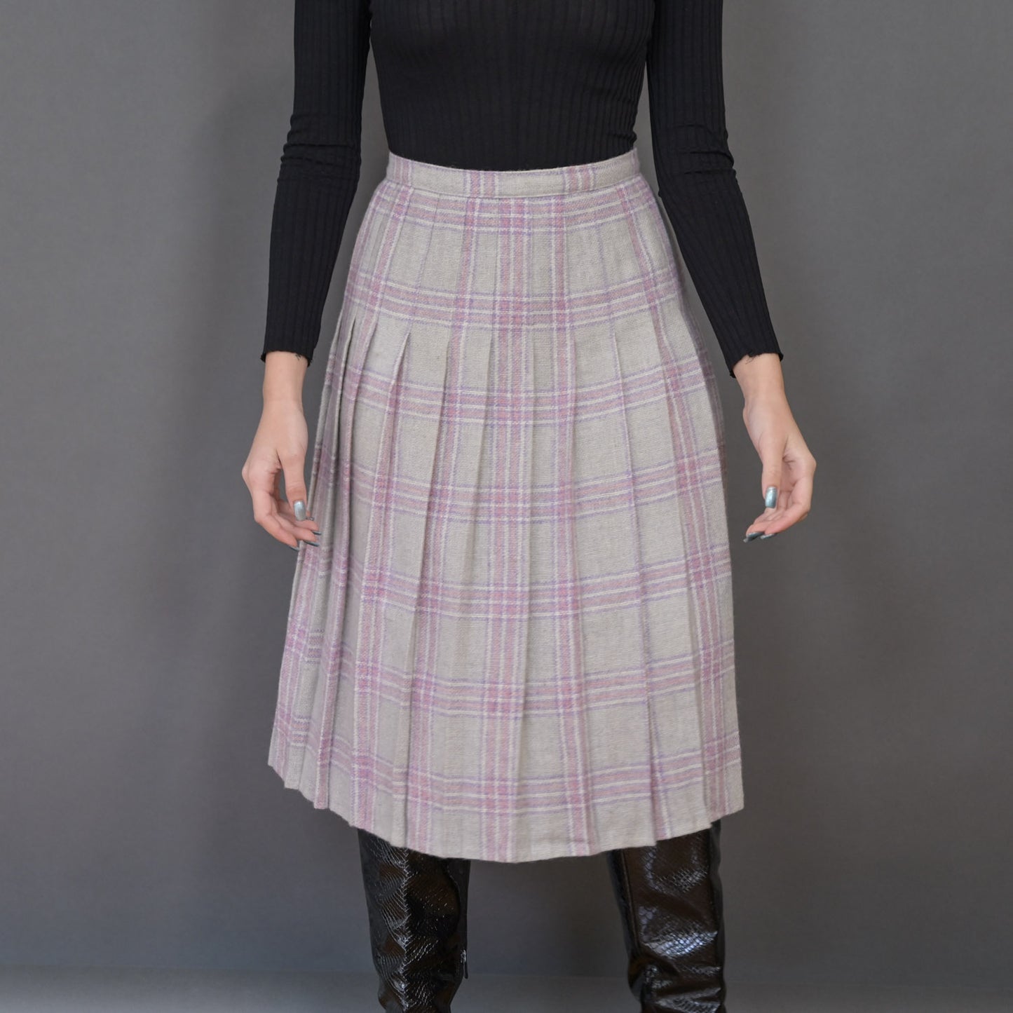 VIN-SKI-20649 Vintage φούστα καρο ροζ-γκρι S
