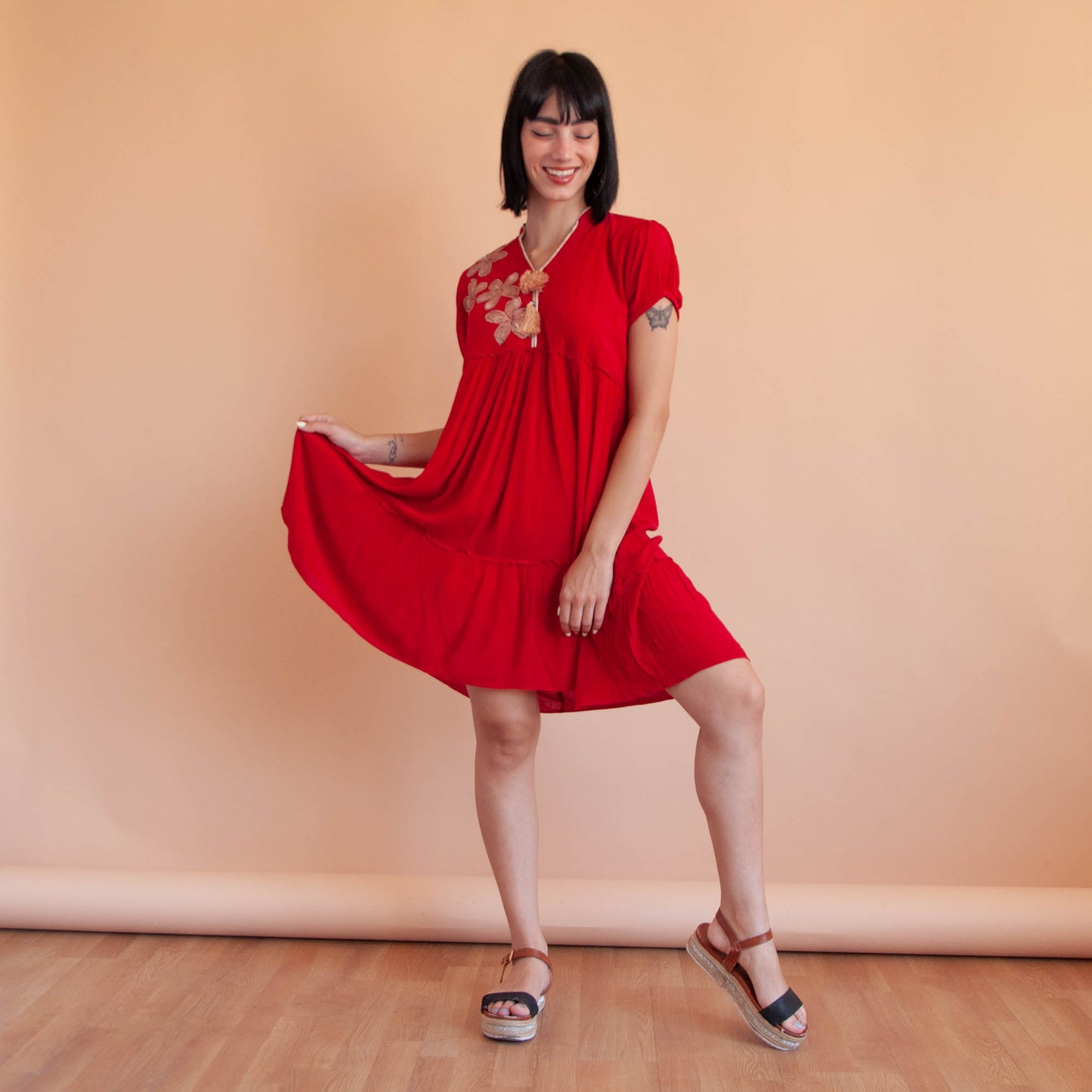 VIN-DR-18061 Vintage φόρεμα ethnic κόκκινο S