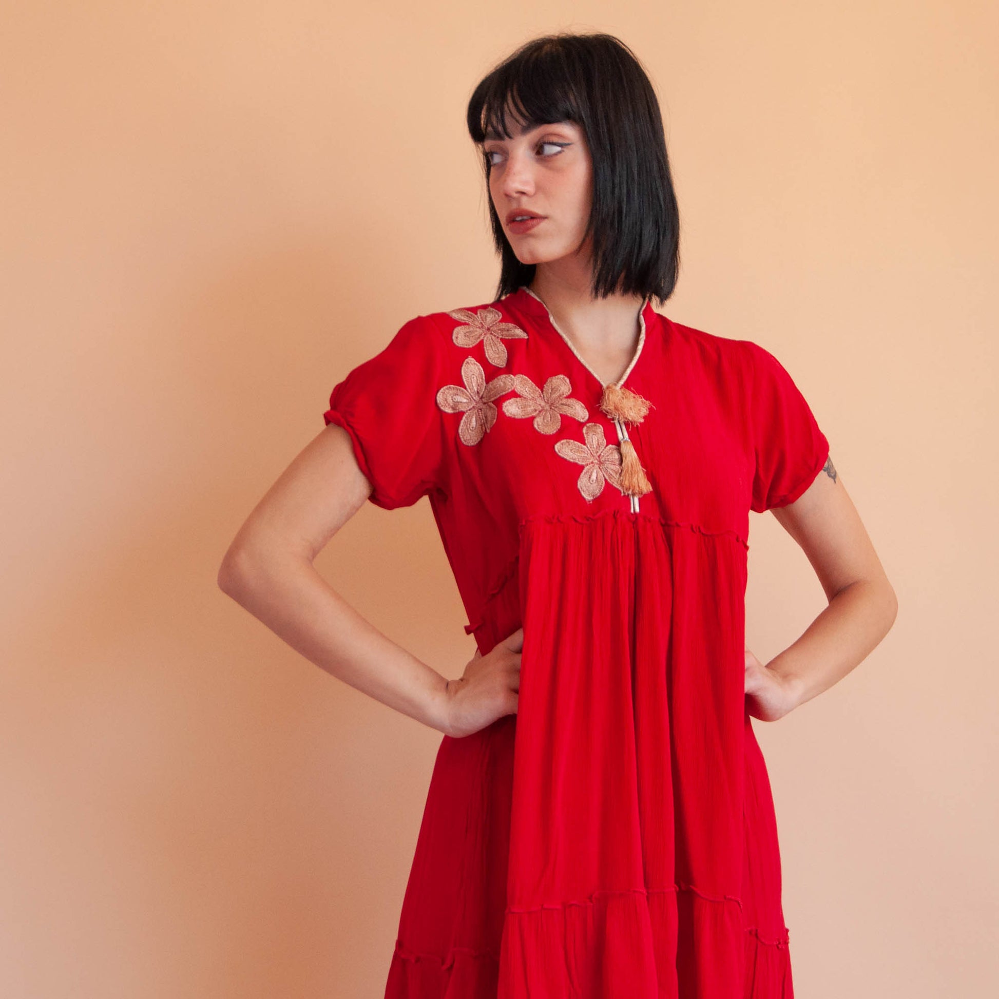 VIN-DR-18061 Vintage φόρεμα ethnic κόκκινο S
