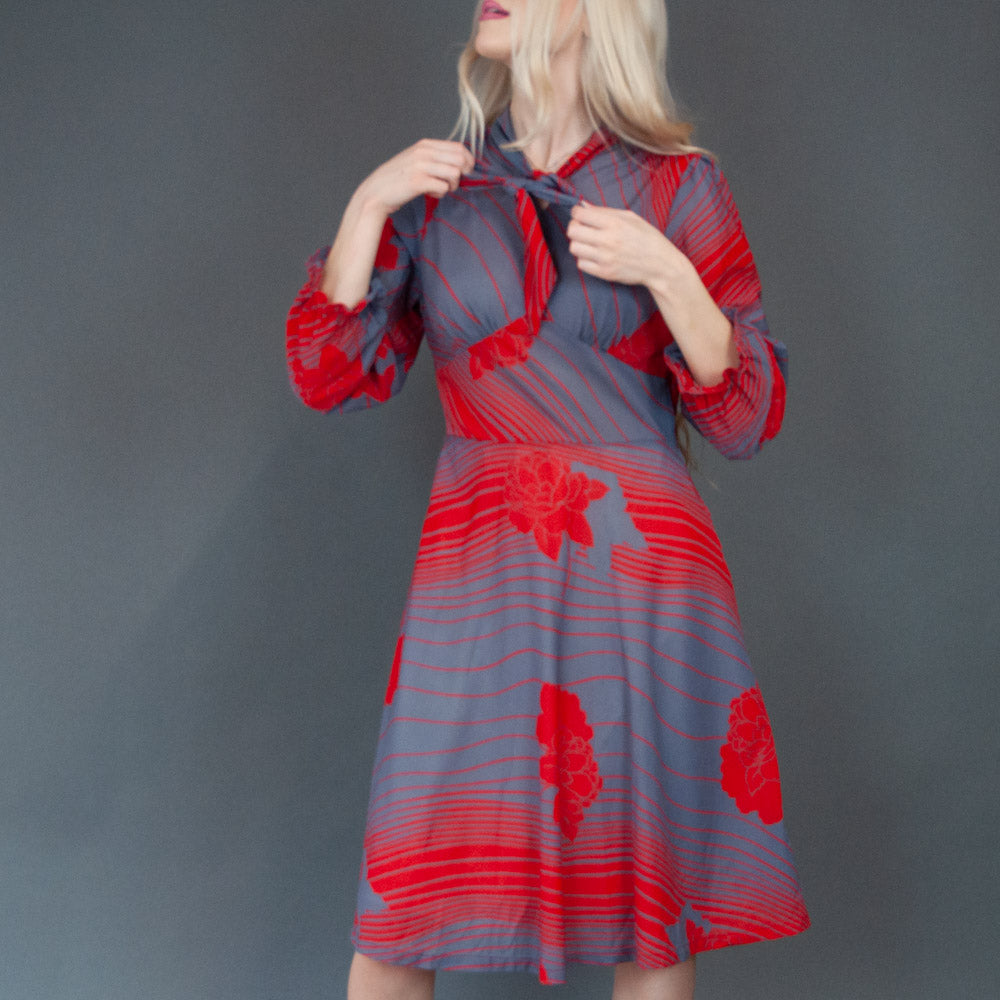 VIN-DR-20018 Vintage φόρεμα φλοράλ κόκκινο-γκρι M