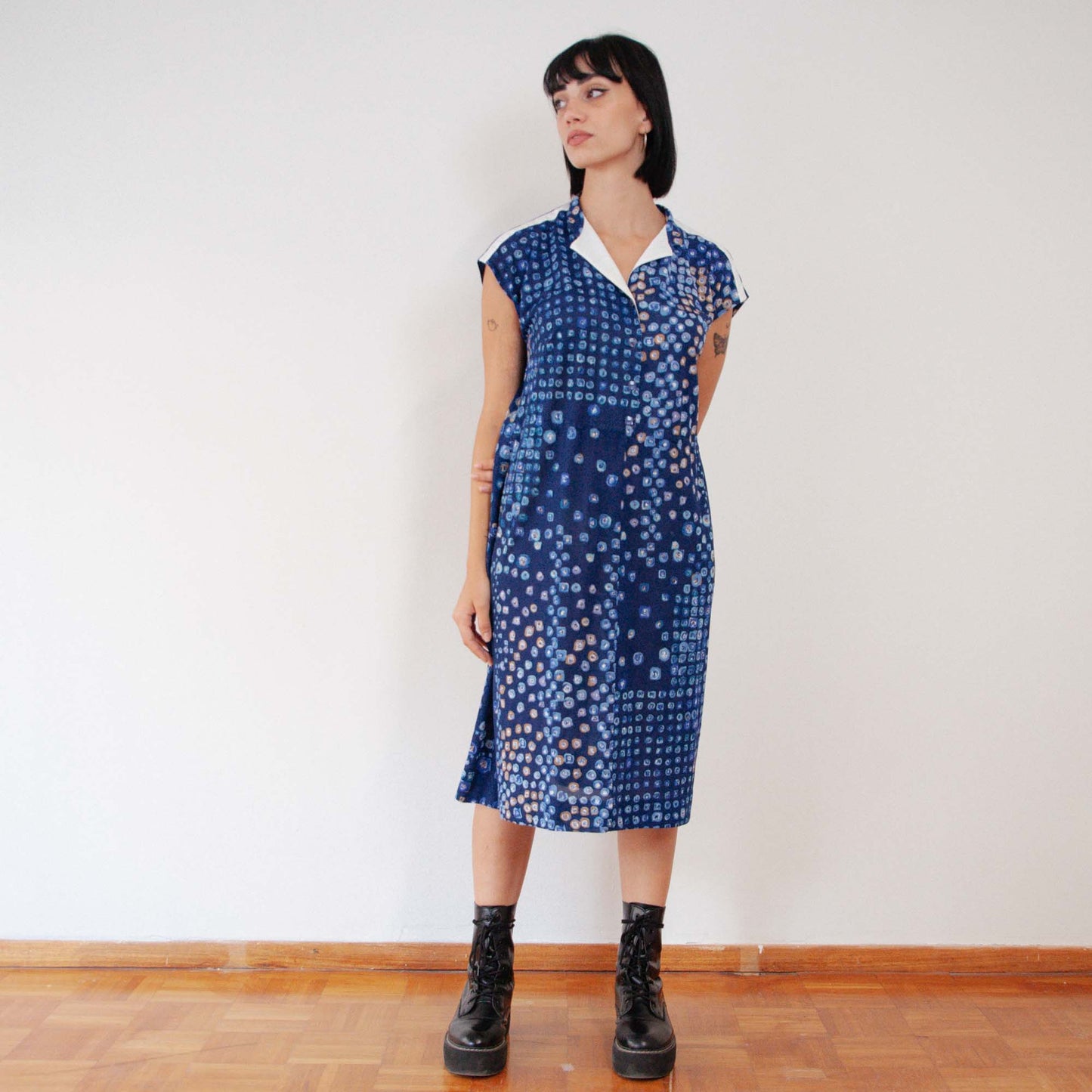 VIN-DR-18912 Vintage φόρεμα εμπριμέ μπλε Μ-L
